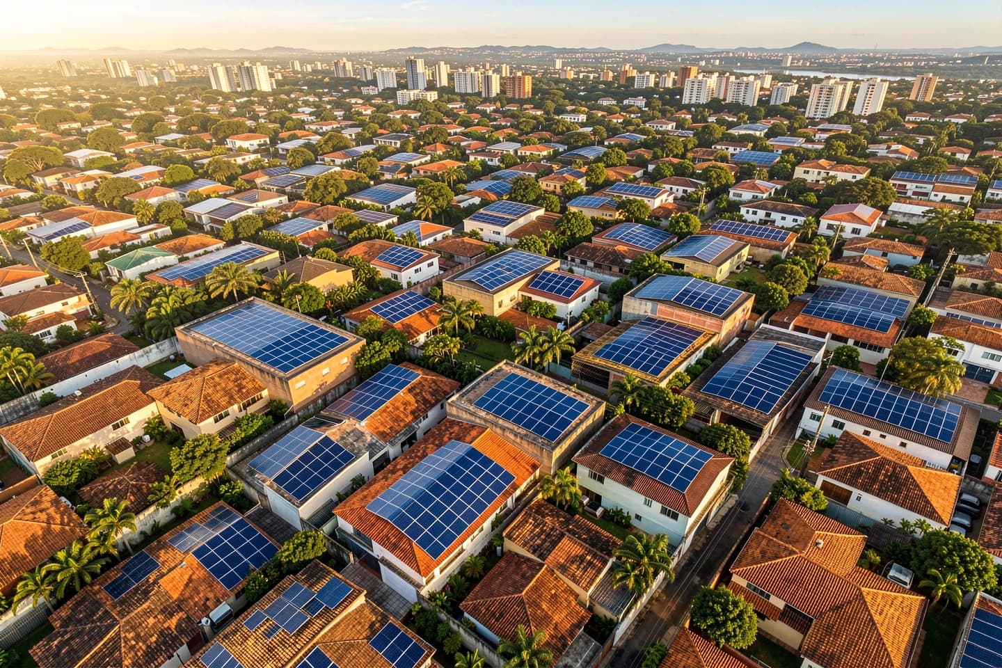 Vista aérea de São Paulo com energia solar instalada nos telhados