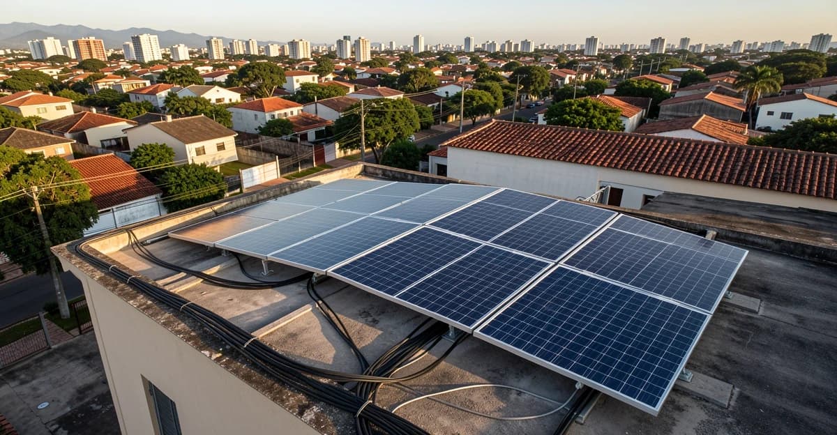 Residential rooftop with solar panels installed, showing the structural fixation, cables, and a clear view of the property from above with urban neighborhood in background. Brazilian suburban setting, early afternoon light.