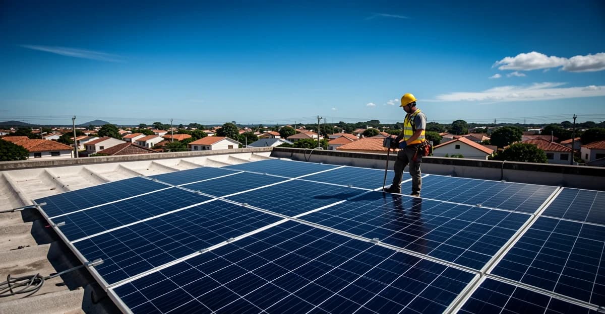 Residential rooftop in Arujá municipality with monocrystalline solar panels being installed, blue sky, suburban houses visible in background, technician on roof with safety gear