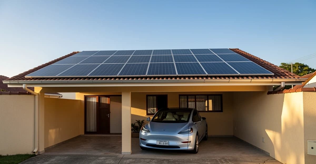 Residential rooftop in Brazil with monocrystalline solar panels installed, a Tesla or BYD electric vehicle parked in driveway below, clear sky, afternoon light